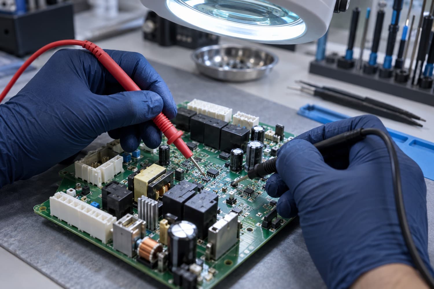 Mavi eldivenli eller multimetreyle bir cihazın elektronik kartını ölçüyor