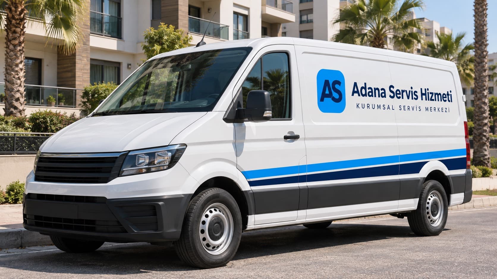 Adana Servis Hizmeti logolu beyaz servis aracı, palmiyeli bir sokakta apartman önünde