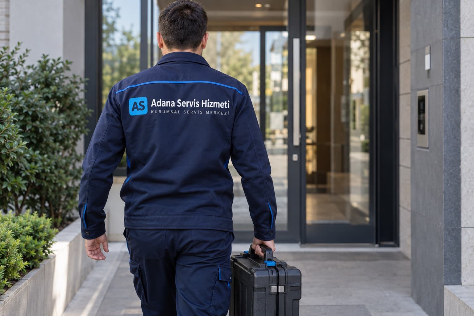 Lacivert Adana Servis Hizmeti üniformalı teknisyen, alet çantasıyla apartman girişine yürüyor